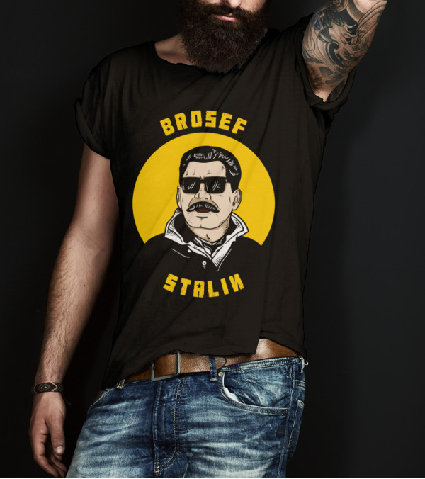 Brosef Stalin Cool Iconic Look In Black Sunglasses With Yellow Circle Background T-Shirt