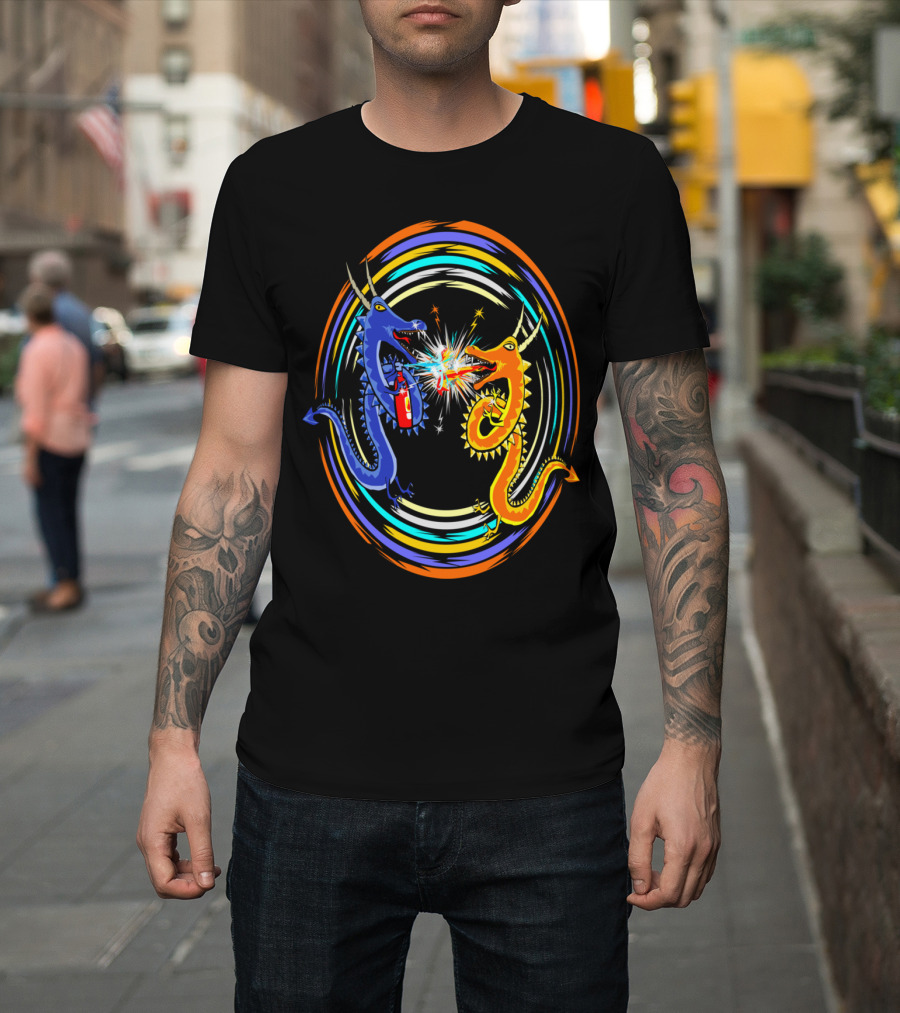 Dragon Fight: Blue and Orange Battle with Fire Breath and Blazing Motion T-Shirt