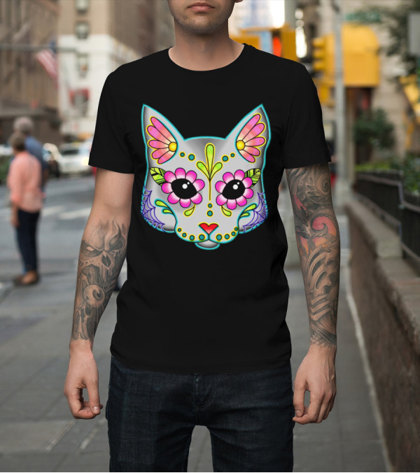 Shirt: Grey Cat Sugar Skull Day of the Dead Floral T-Shirt Grey Cat Sugar Skull Day of the Dead Floral T-Shirt