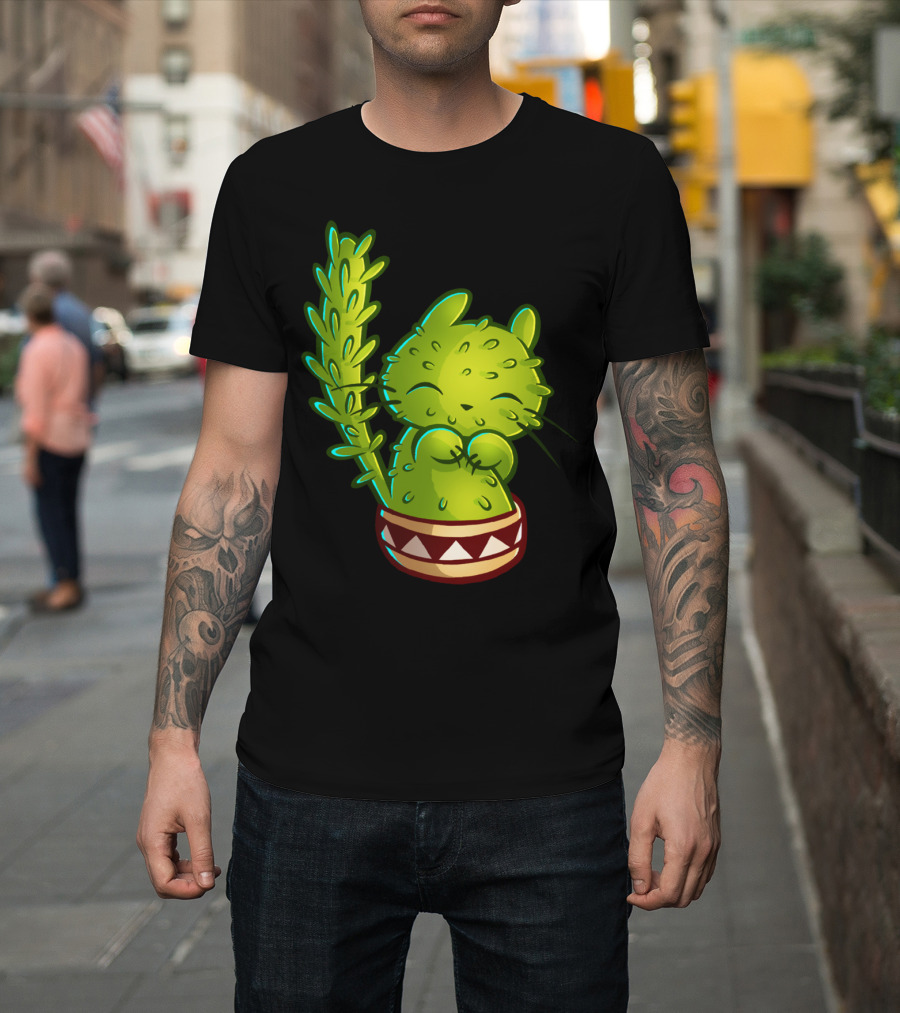 Cat Ti Can Be Shy Cactus Kitty in Pot T-Shirt