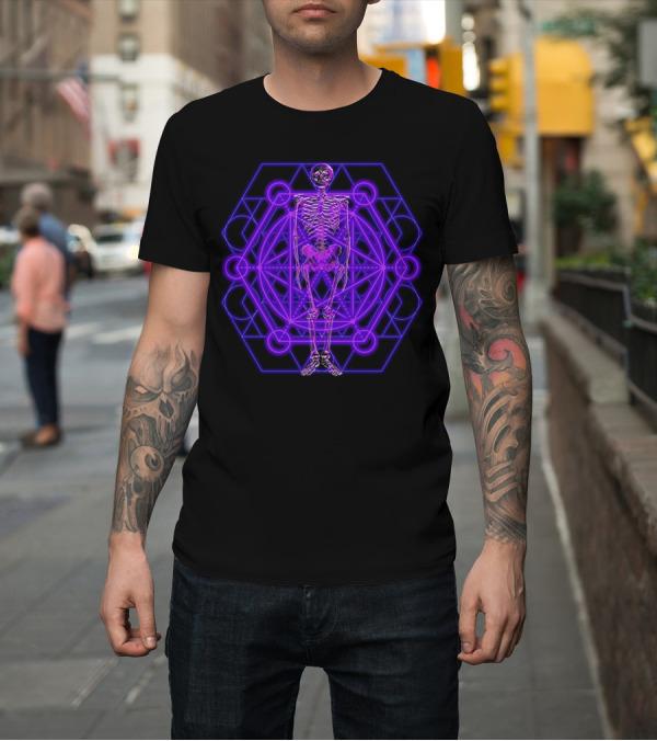 Shirt: Skeleton with Neon Purple Sacred Geometry Hexagon T-Shirt Skeleton with Neon Purple Sacred Geometry Hexagon T-Shirt