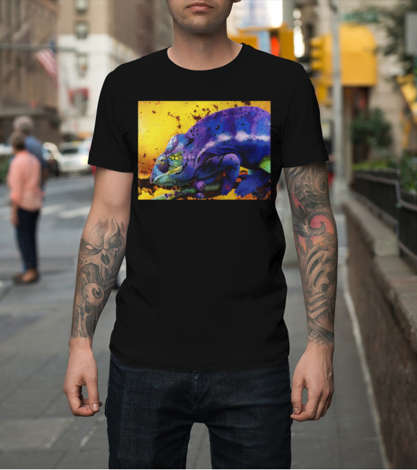 Shirt: Harmonious Chameleon Ste Vibrant Multicolor Reptile on Yellow and Orange Background T-Shirt Harmonious Chameleon Ste Vibrant Multicolor Reptile on Yellow and Orange Background T-Shirt