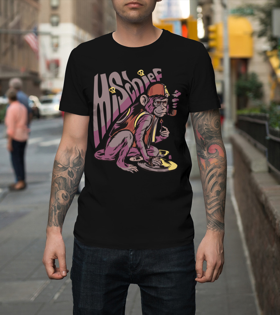 Mischief Monkey Smoking Pipe with Fez and Records T-Shirt