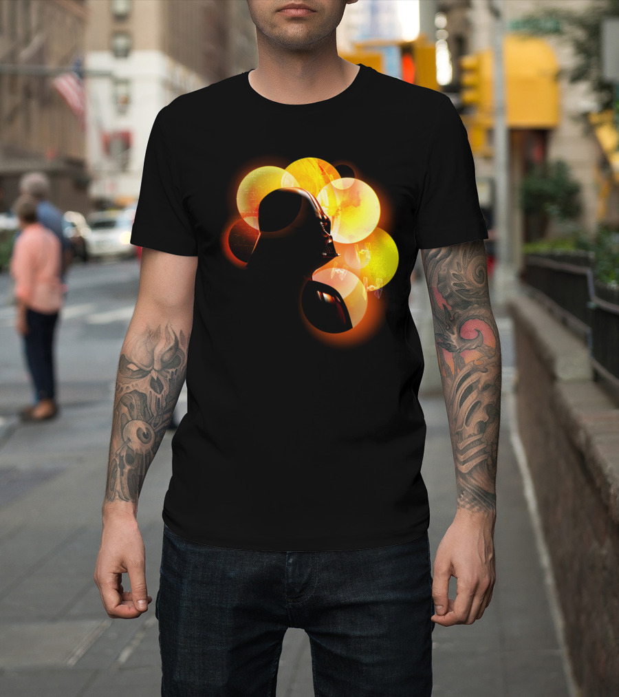 Vader Helmet with Floating Yellow and Orange Orbs in Space T-Shirt