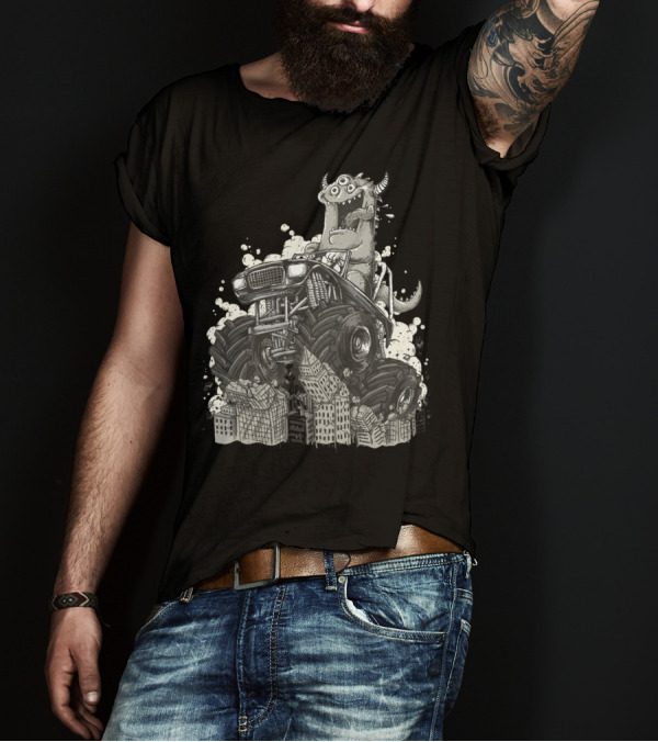 Monster Truck City Smash With Horned Creature T-Shirt