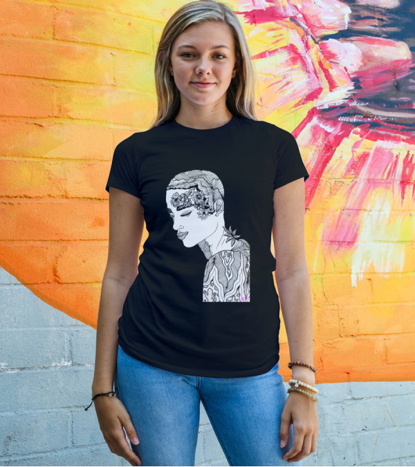 Stay Wild Flower Child Black And White Intricate Line Art Portrait With Blossoming Floral T-Shirt