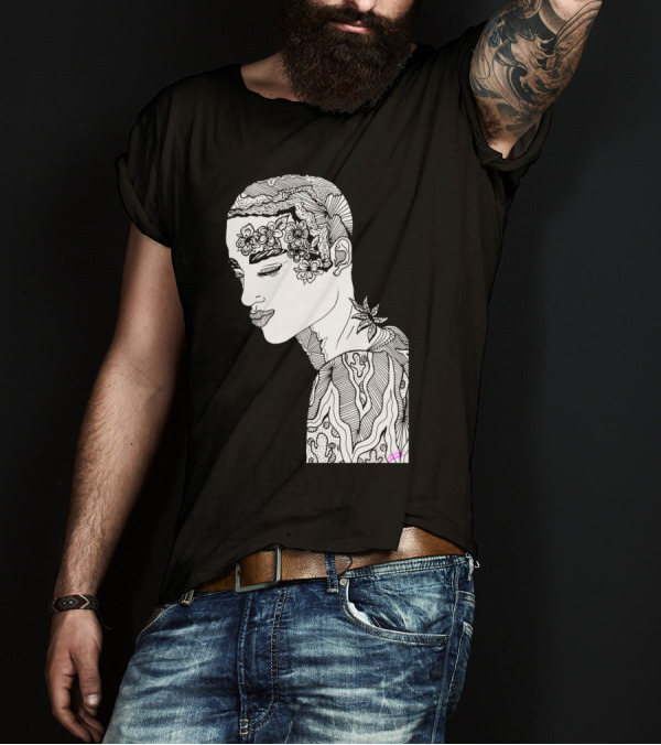 Stay Wild Flower Child Black And White Intricate Line Art Portrait With Blossoming Floral T-Shirt