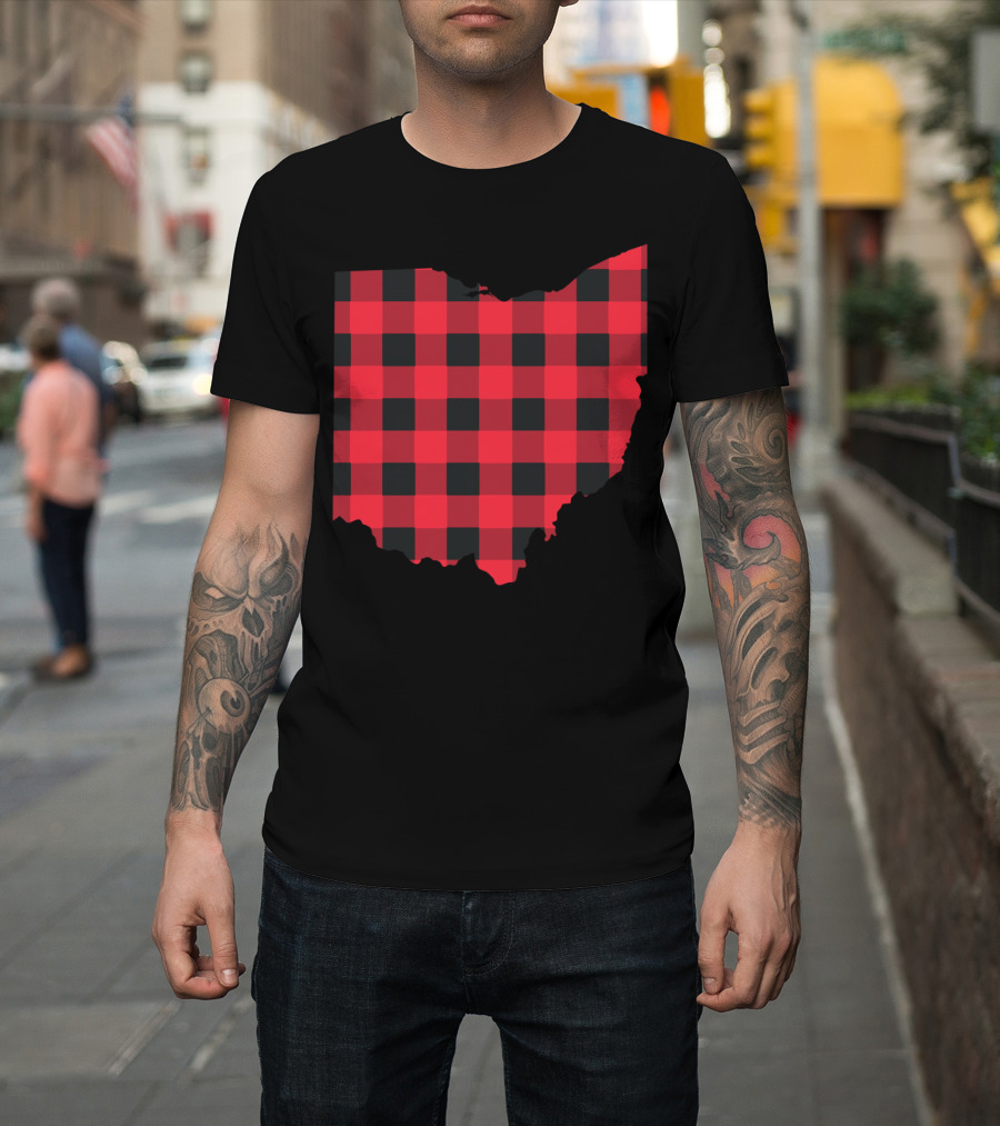 Red and Black Checkered Ohio Buffalo Plaid State Shape T-Shirt