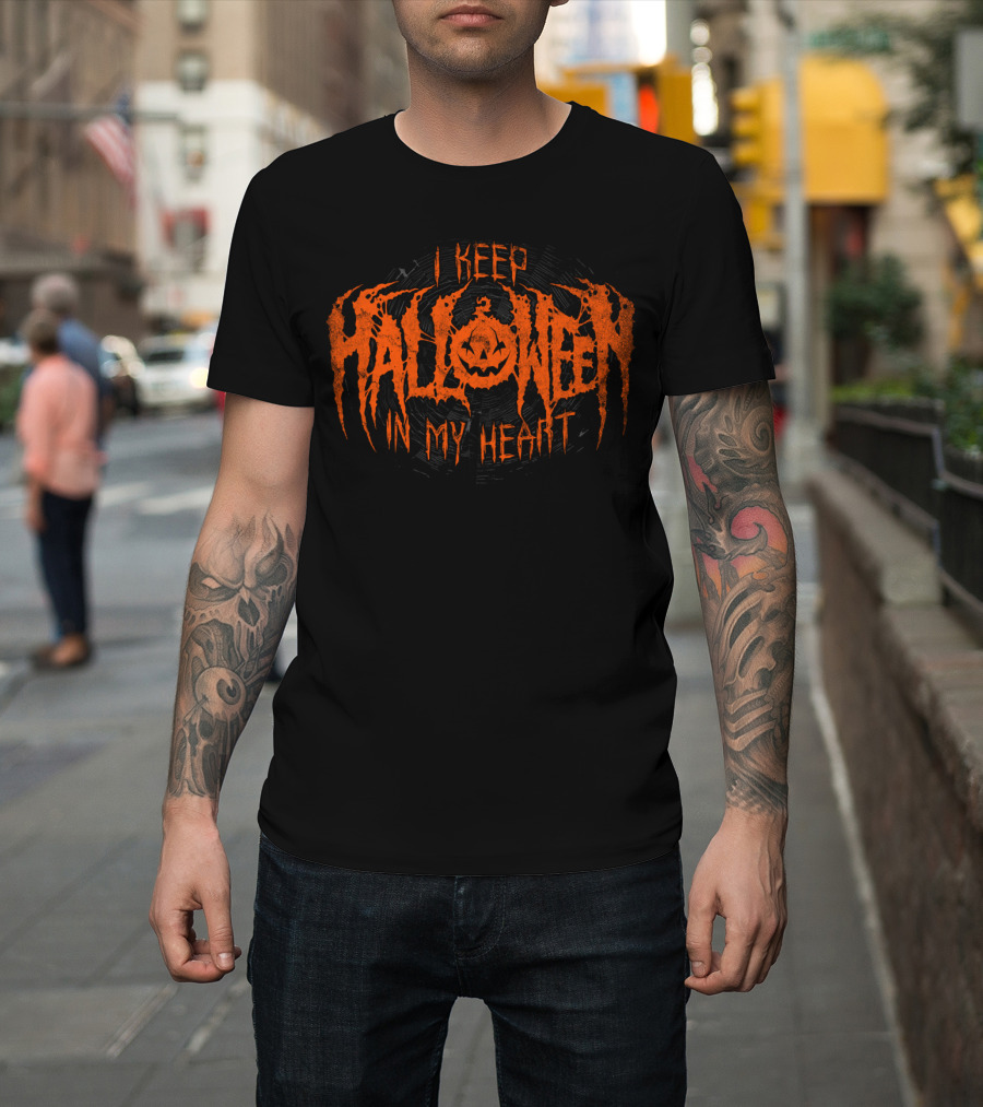 I Keep Halloween In My Heart Pumpkin Face T-Shirt