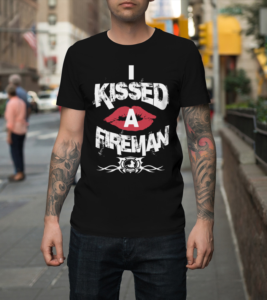 I Kissed A Fireman Lips Tribal Badge T-Shirt