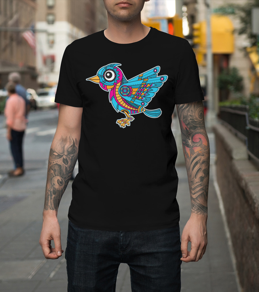 Mechanical Bird Colorful Geometric Design with Gears T-Shirt