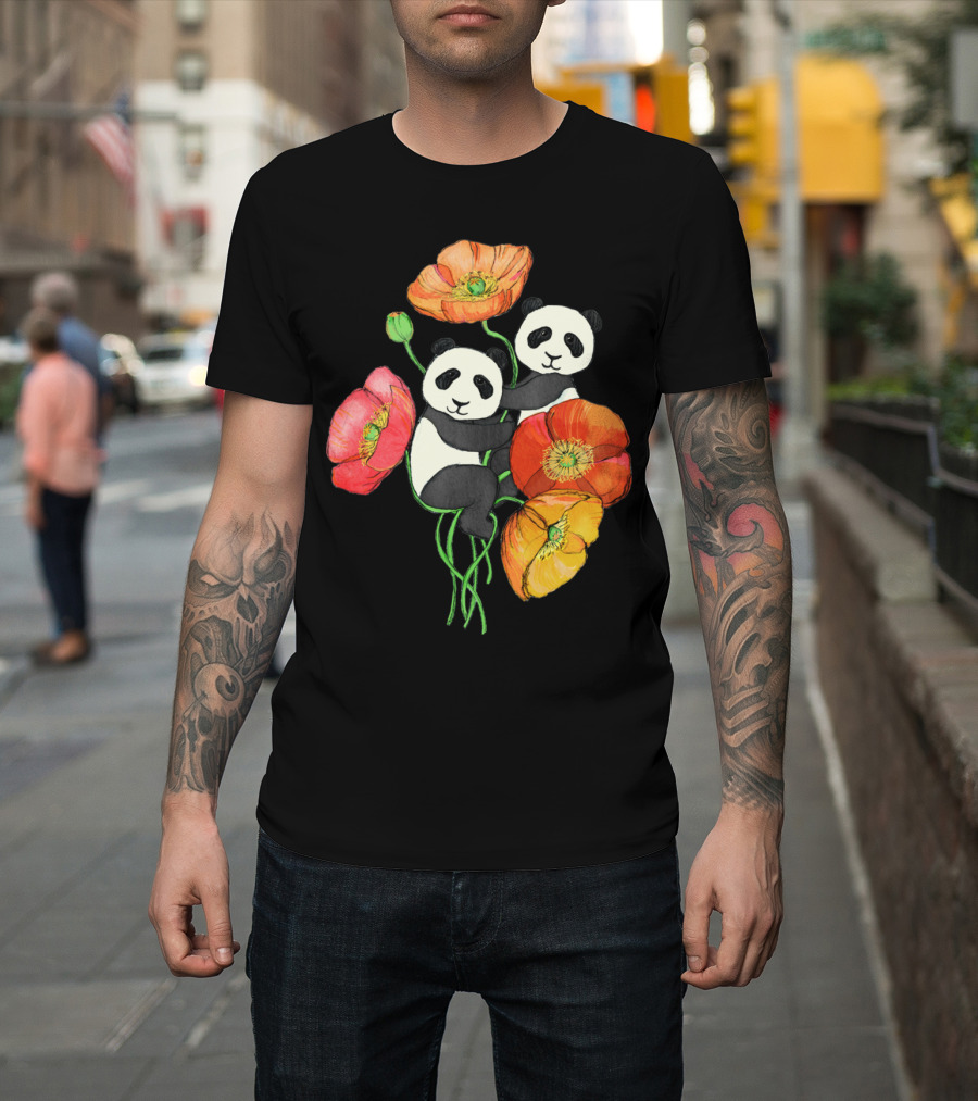 Poppies and Pandas Surrounded by Colorful Blooms T-Shirt