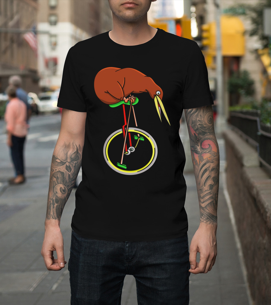 Kiwi Bird Balancing on Unicycle Wheel T-Shirt