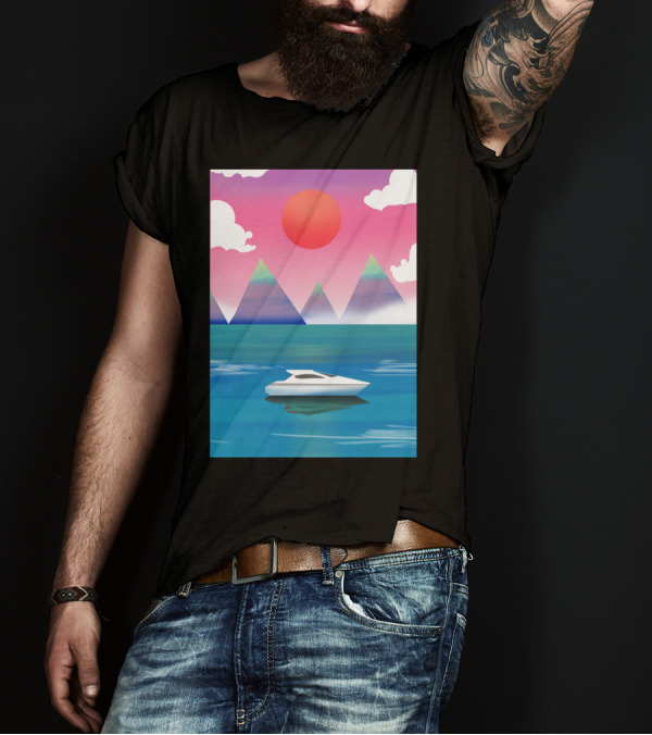 Mountain Yacht Sunrise With Pink Sky And White Boat T-Shirt