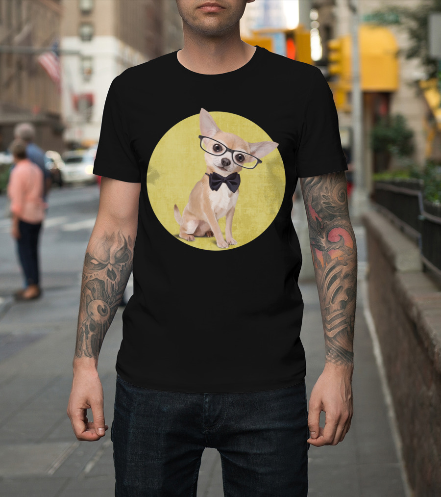Mr Chihuahua Glasses Bow Tie Yellow Background T-Shirt