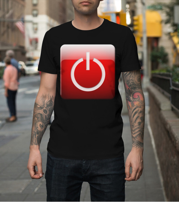 Shirt: Shutdown Button Power Symbol on Red Square Background T-Shirt Shutdown Button Power Symbol on Red Square Background T-Shirt