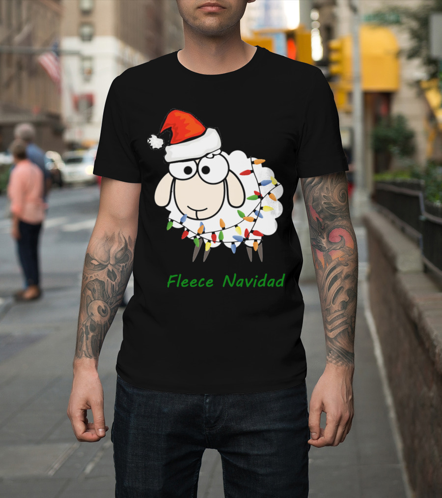 Fleece Navidad Christmas Sheep Santa Hat Festive Lights T-Shirt