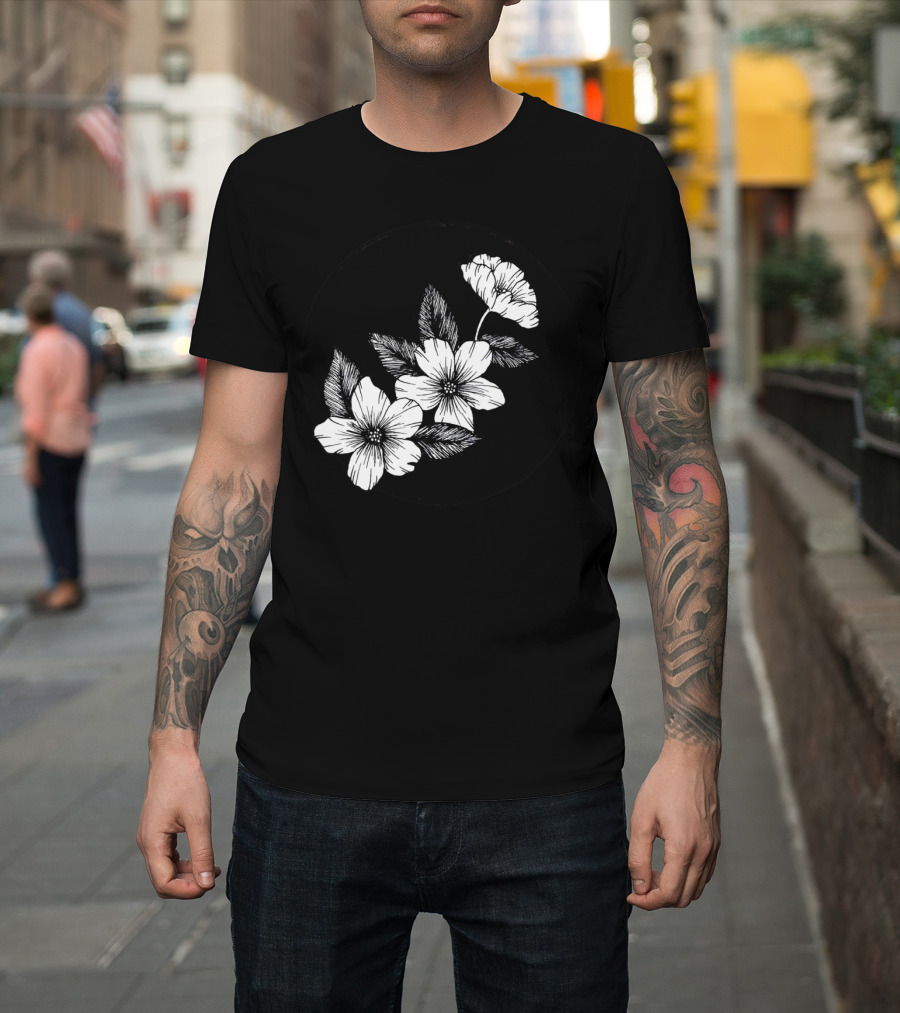 Floral Circle Black and White Botanical T-Shirt