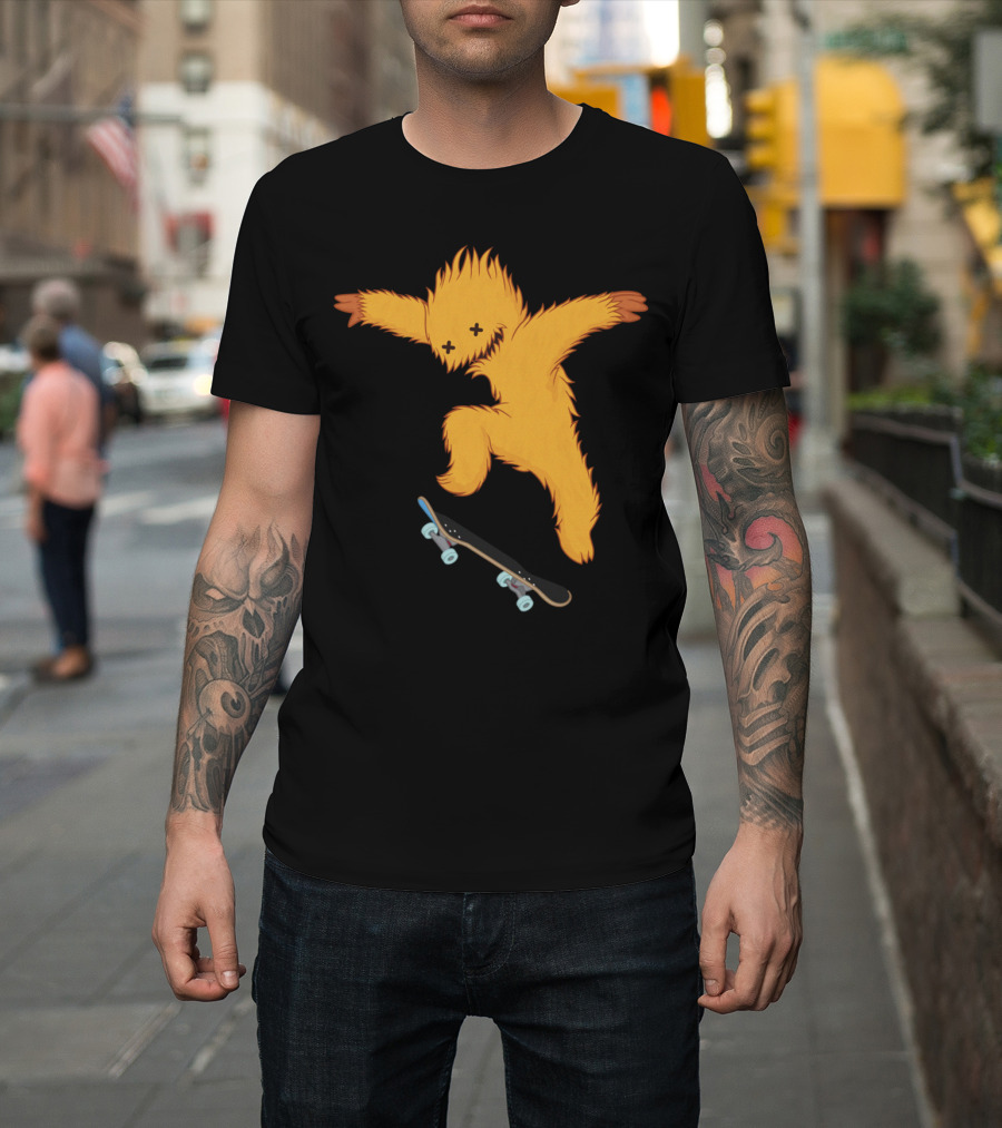 Skate Gremlin Orange Furry Creature Performing Skateboard Trick T-Shirt