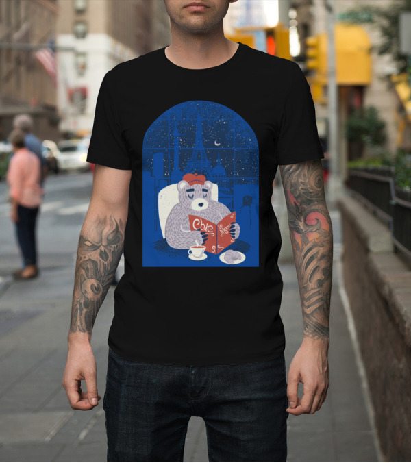 Shirt: Parisian Bear Chic Le Menu Eiffel Night Croissant Beret T-Shirt Parisian Bear Chic Le Menu Eiffel Night Croissant Beret T-Shirt