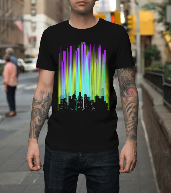 Shirt: Techno City Lights Neon Skyline Bars T-Shirt Techno City Lights Neon Skyline Bars T-Shirt