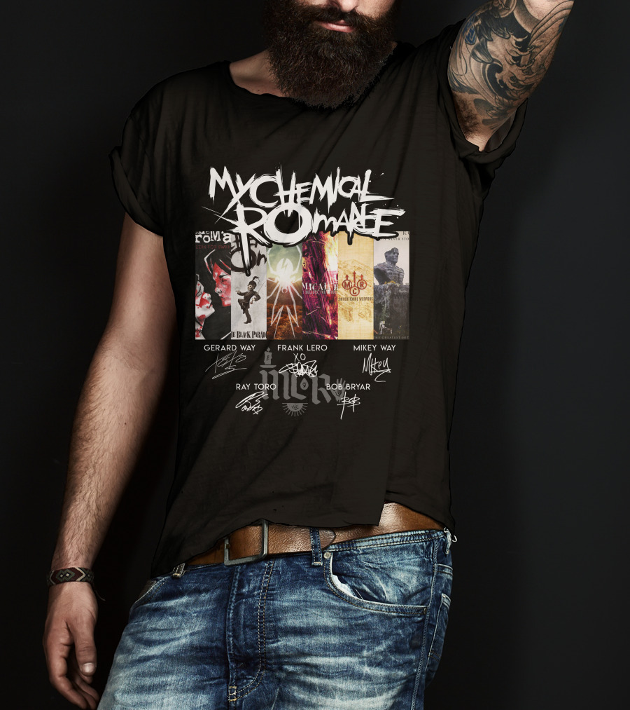 My Chemical Romance Album Collage Gerard Way Frank Iero Mikey Way Ray Toro Bob Bryar Signatures T-Shirt