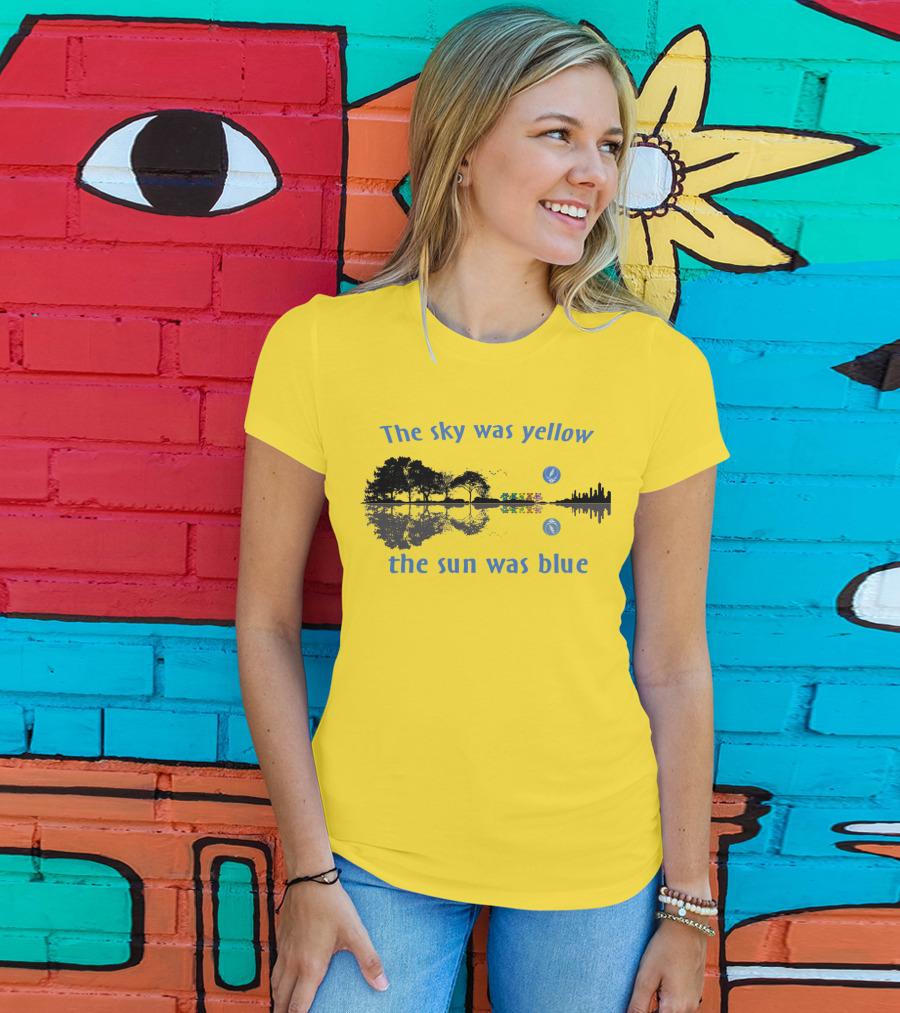 The Sky Was Yellow The Sun Was Blue Reflective Landscape And City Skyline T-Shirt