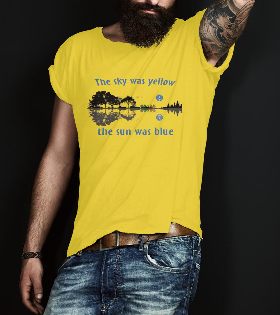 The Sky Was Yellow The Sun Was Blue Reflective Landscape And City Skyline T-Shirt