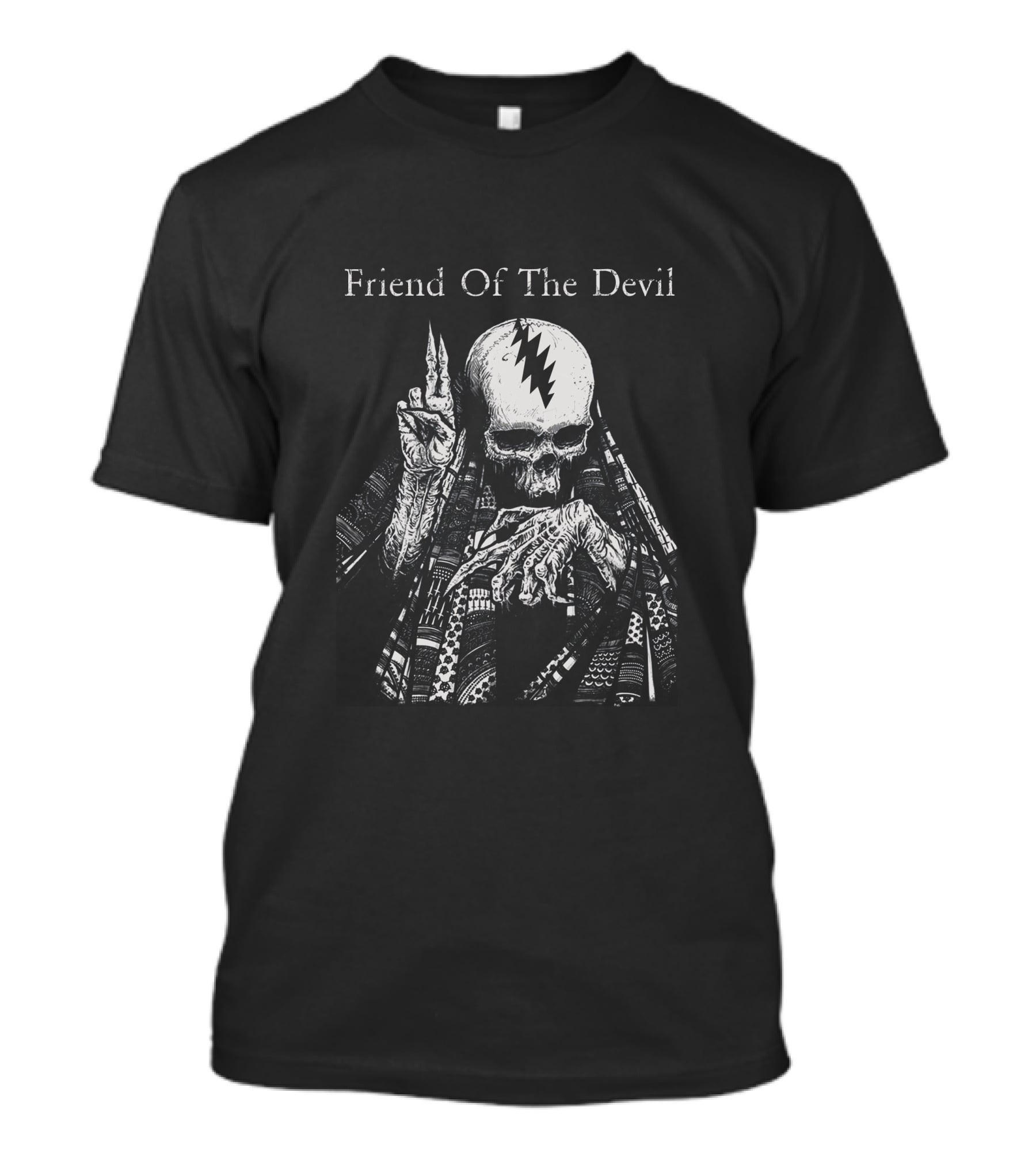 Friend Of The Devil Skeleton With Lightning Bolt Skull T-Shirt