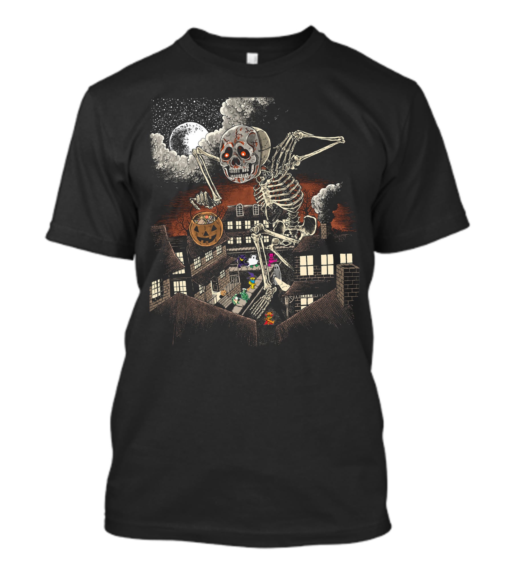 Halloween Skeleton Monster Under Full Moon With Pumpkin Over Houses T-Shirt