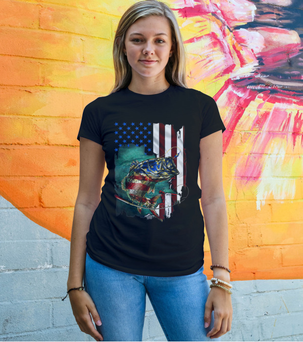 Bass Fishing American Flag Patriotic 4th Of July T-Shirt