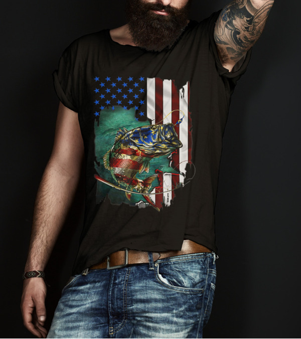 Bass Fishing American Flag Patriotic 4th Of July T-Shirt