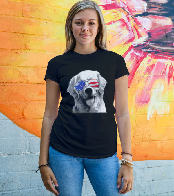 Patriotic Golden Retriever Dog Wears American Flag Sunglasses T-Shirt