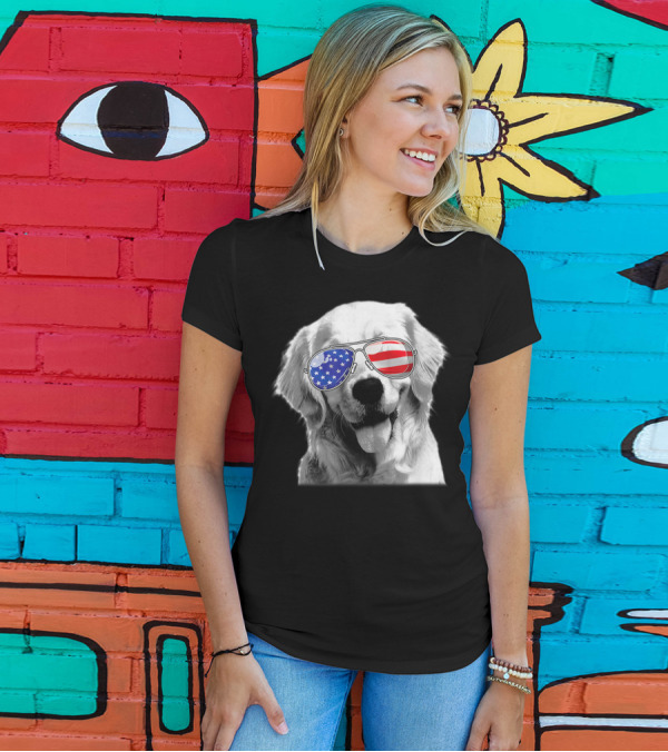 Patriotic Golden Retriever Dog Wears American Flag Sunglasses T-Shirt