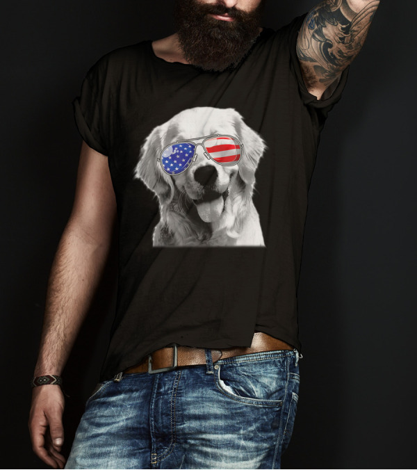 Patriotic Golden Retriever Dog Wears American Flag Sunglasses T-Shirt