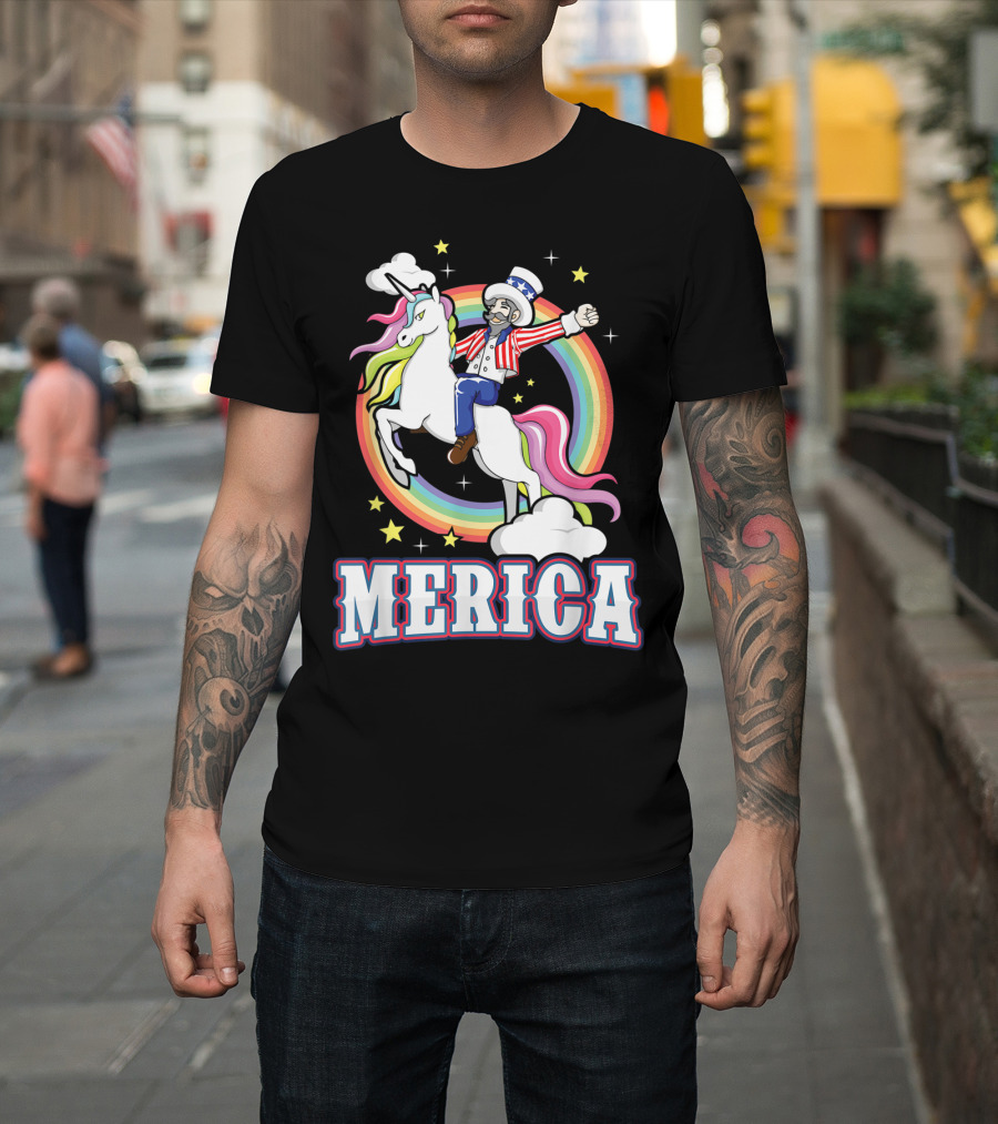 Uncle Sam on Unicorn with Rainbow Stars Merica T-Shirt