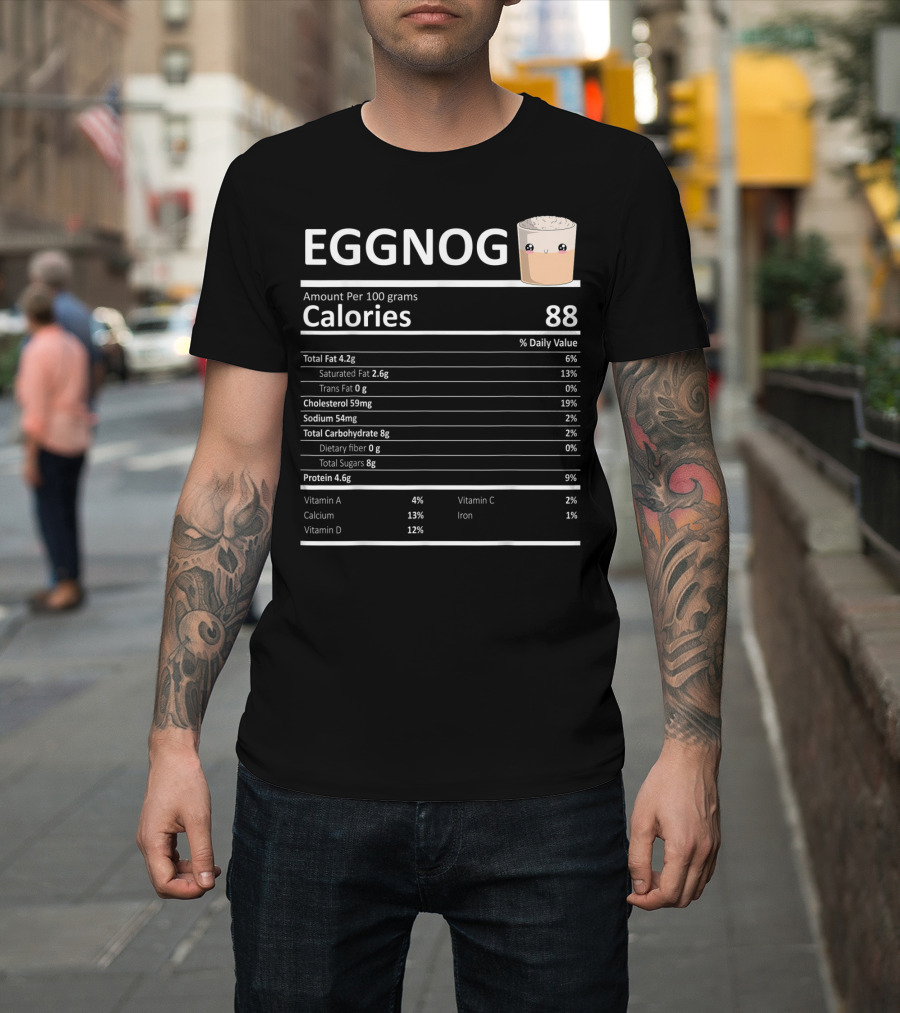 Eggnog Calories Nutritional Facts Chart with Cute Holiday Drink Character for Thanksgiving Xmas T-Shirt