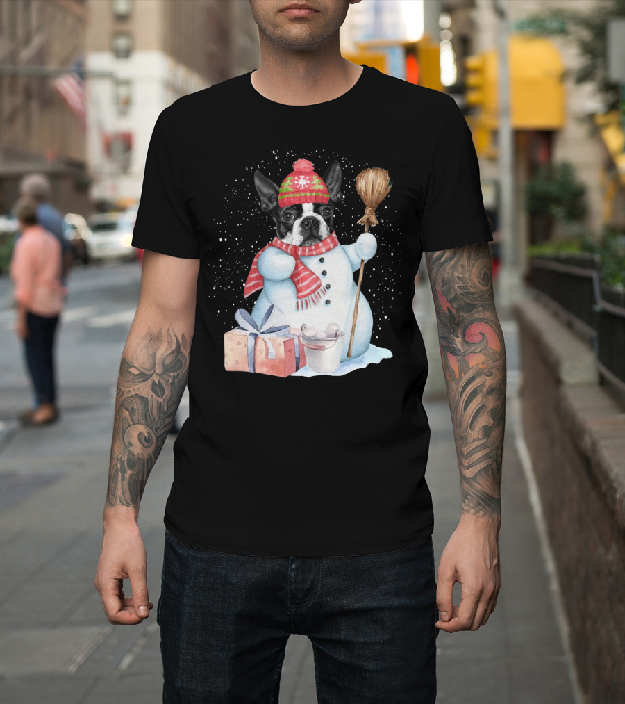 Boston Terrier Snowman in Festive Winter Wonderland T-Shirt