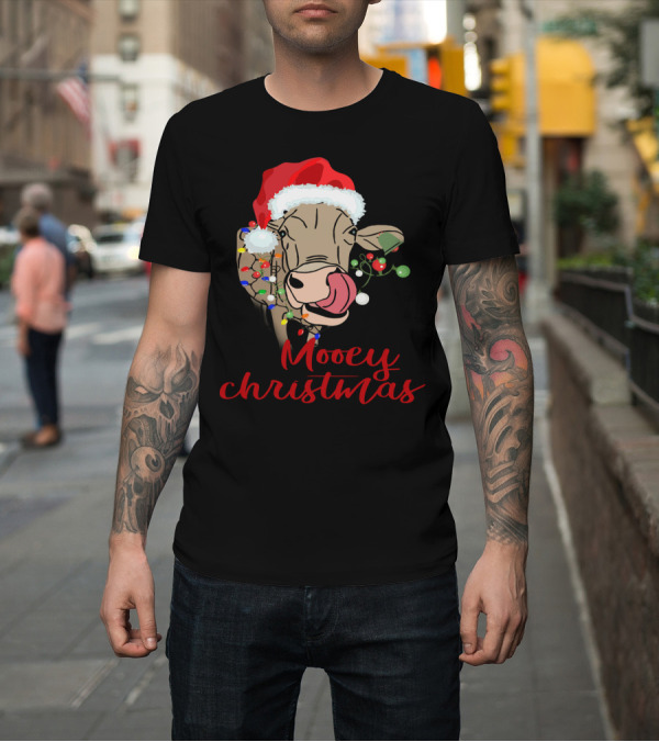 Shirt: Mooey Christmas Cow Santa Hat Lights T-Shirt Mooey Christmas Cow Santa Hat Lights T-Shirt