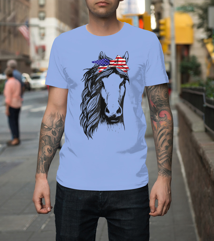 4th July US Flag Horse with Bandana T-Shirt