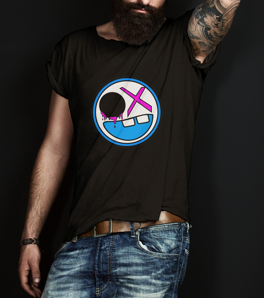 8Sided Smile Emoticon With Dripping Black Circle And Pink X Eyes T-Shirt