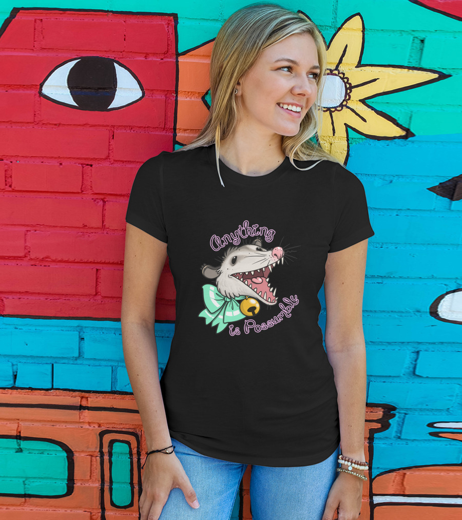 Anything Is Possumble Cute Cartoon Opossum With Bow And Bell T-Shirt