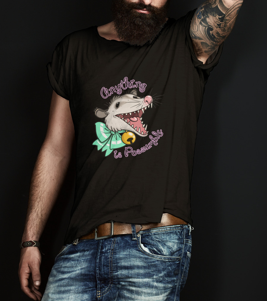 Anything Is Possumble Cute Cartoon Opossum With Bow And Bell T-Shirt