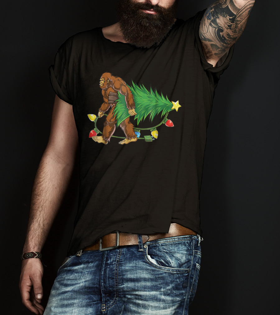 Bigfoot Sasquatch Christmas Tree With Lights Santa4 T-Shirt