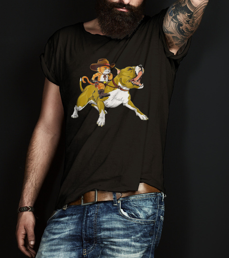 Cat Riding Pitbull Funny Kitty Kitten Cowboy Hat Gif16 T-Shirt