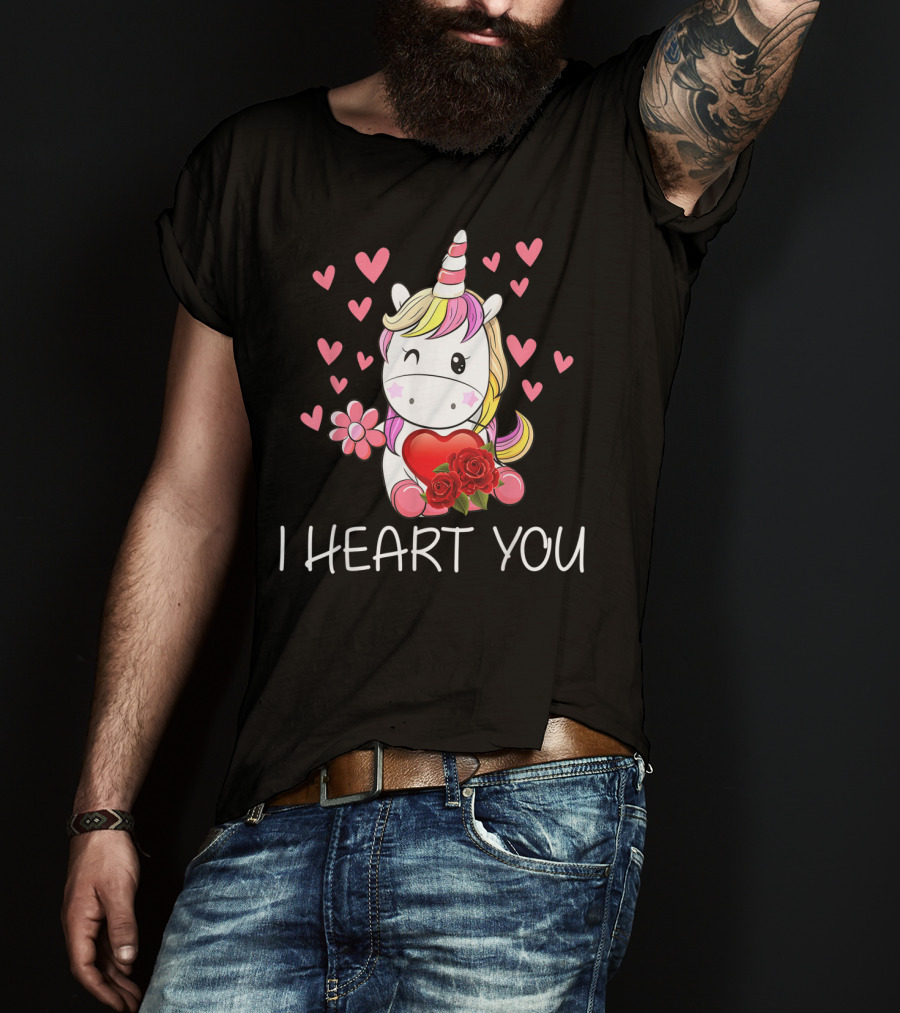 Girls Cute Unicorn I Heart You Valentines Day Hearts Roses T-Shirt