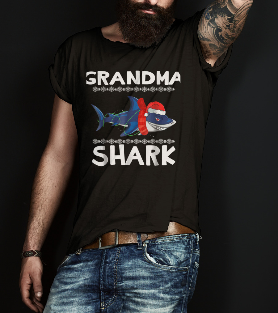 Grandma Shark Ugly Christmas With Santa Hat And Scarf T-Shirt