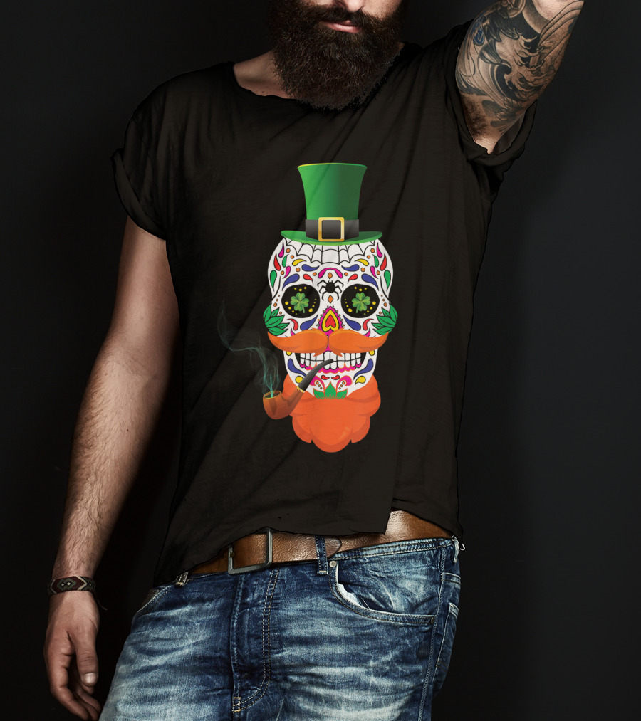 Irish Sugar Skull Leprechaun St Patricks Day Clover Pipe Hat Colorful T-Shirt