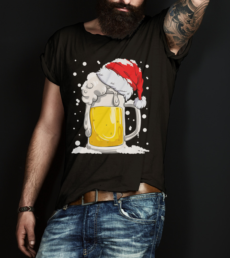 Beer Mug Wearing Santa Hat Surrounded By Snowflakes T-Shirt
