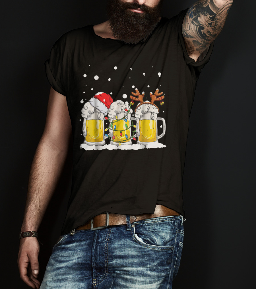 Beer Christmas Santa Hat Reindeer Antlers Xmas Lights T-Shirt